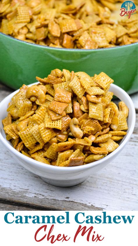 Caramel cashew chex mix is a sweet snack mix that combines Chex, Golden Grahams, and cashews for a sweet and salty chex mix recipe. Raise your hand if you love sweet and salty snacks. If you are a lover of all things caramel corn, trail mix, puppy chow, and french fries dipped in ice cream, then you will be all in on this caramel cashew snack mix. Caramel Puppy Chow, Cashew Chex Mix Recipes, Carmel Chex Mix In Oven, Chex Mix Caramel Recipe, Caramel Chex Mix Recipes, Thanksgiving Chex Mix Recipes, Crispix Snack Mix Recipe, White Chocolate Snack Mix, Caramel Chex Mix