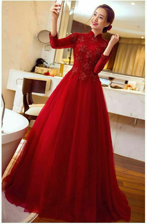 Long Red Prom Dress, Evening Mini Dresses, Chinese Style Dress, Fancy Frocks, Pink Evening Dress, Velvet Dress Designs, Tulle Evening Dress, Tulle Sleeves, Prom Dress Evening