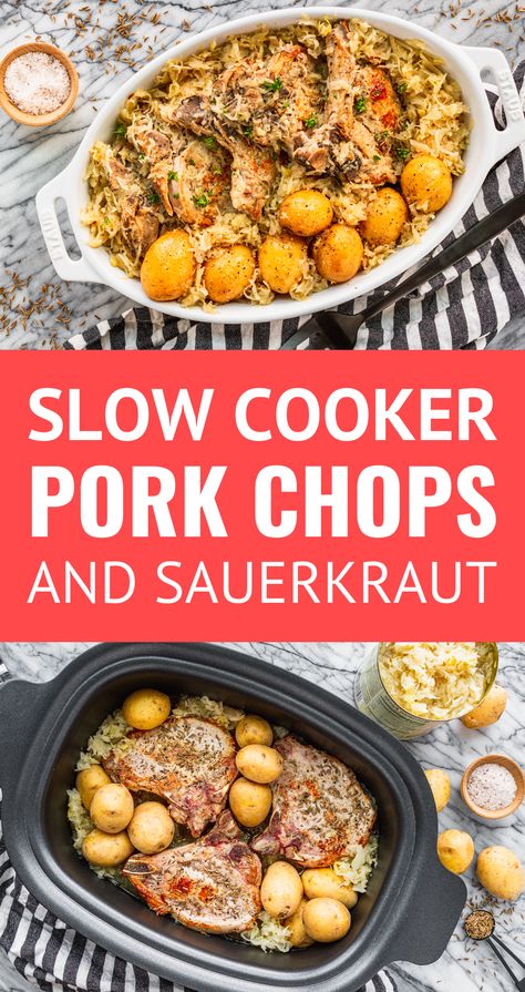 Slow Cooker Pork Chops and Sauerkraut -- made in your crockpot, this easy pork chops and sauerkraut recipe has the traditional flavor you crave without all of the fuss! Uses bone-in pork chops, sauerkraut, and baby yellow potatoes for an all-in-one meal with side dishes included. It's a delicious New Year's tradition passed down by my German-Hungarian great grandmother. | crockpot pork chops and sauerkraut | pork and sauerkraut recipe #porkandsauerkraut #slowcookerrecipes #crockpotrecipes Pork Chops Sauerkraut, Crockpot Pork And Sauerkraut, Baby Yellow Potatoes, Pork And Sauerkraut Recipe, Pork Chops And Sauerkraut, Pork And Sauerkraut, Bone In Pork Chops, Sauerkraut Recipe, Ground Pork Recipes