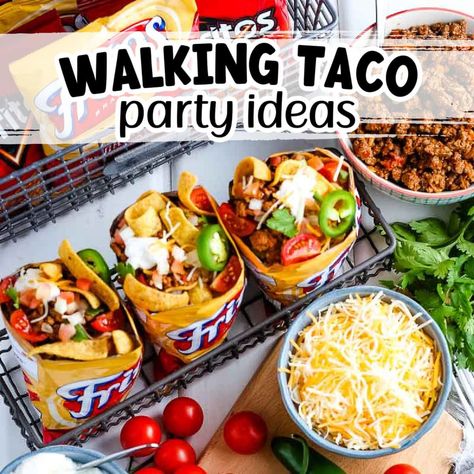 Tacos For Birthday Party, Walking Tacos Party Set Up, How To Make Walking Tacos, Taco Night For A Crowd, Walking Taco Charcuterie Board, Walking Taco Board, Tacos For Party, Sides To Go With Walking Tacos, Halloween Walking Taco Bar