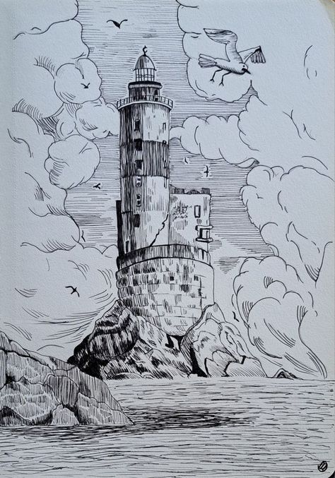 Black And White Scenery Drawing, Line Hatching Drawing, Line Art Scenery, Pen Art Scenery, Hatching Landscape, Fine Liner Sketch, Pen And Ink Landscape, Lighthouse Drawing, Haiwan Comel