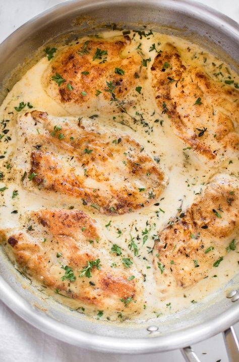 This creamy herb chicken is fast, easy, and uses everyday ingredients. It comes together in under 30 minutes – the whole family will love this weekday favorite! Another creamy chicken recipe coming ‘a Recipes With Cream Of Chicken, Creamy Herb Chicken, Boneless Chicken Breast Recipes, Baked Boneless Chicken Breast, Herb Chicken Recipes, Skinless Chicken Breast Recipes, Chicken Boneless Breast Recipes, Creamy Chicken Recipes, Herb Sauce