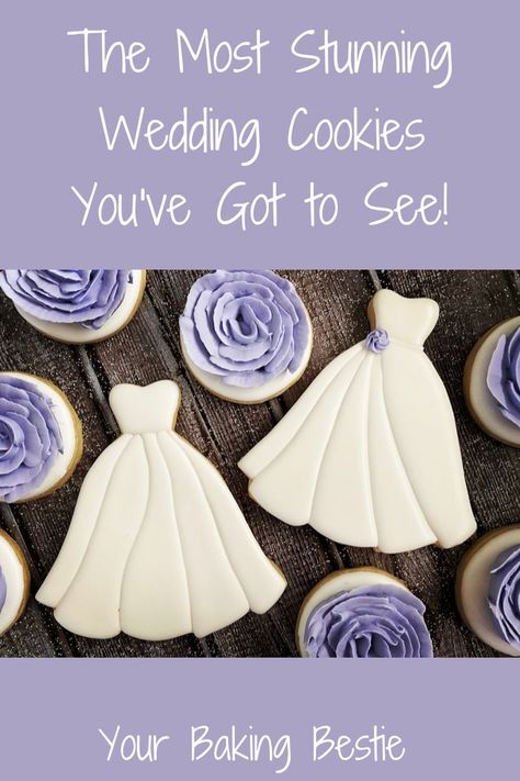 wedding dress cookies decorated Decorated Cookies For Wedding, Wedding Dress Sugar Cookies, Wedding Dress Cookies Decorated, Wedding Royal Icing Cookies, Wedding Dress Cookie, Dress Cookies, Wedding Dress Cookies, Cookie Decorating Icing, Christmas Sugar Cookies Decorated