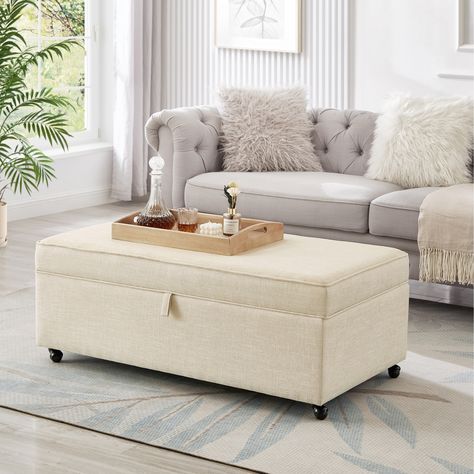 Coffee Table Function / Sturdy Construction 1. The sofa ottomans are designed with a surface that can be used as a coffee table, providing a convenient place to set down cups, books, or other decorative items. 2. Grey Couch Cream Ottoman, Ottoman Seating Living Room, Coffee Table Storage Ideas, Couch Storage, Comfort Sofa, Large Bench, Large Storage Ottoman, Storage Ottoman Coffee Table, Sofa Ottoman