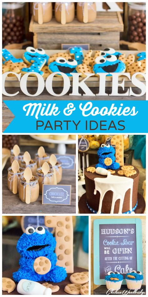 Cookie Monster shows up at this incredible Milk and Cookies boy birthday party!  See more party ideas at CatchMyParty.com! Milk And Cookies Party, Cookies Monster, Cocoa Station, Cookie Monster Birthday Party, Cookies Party, Monster 1st Birthdays, Cookie Monster Party, Cookie Monster Birthday, Cookies Birthday