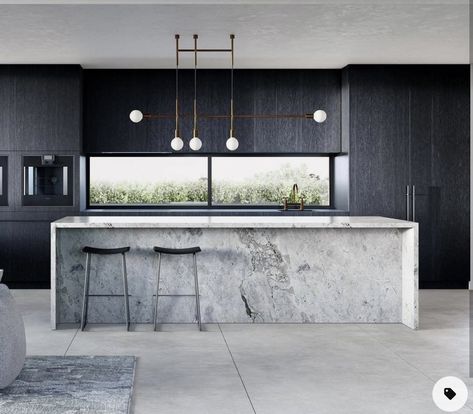 Open Plan Kitchen Living Room, Modern Kitchen Island, Contemporary Kitchen Design, Kitchen Island Design, House Design Kitchen, Kitchen Room Design, Kitchen Inspiration Design, Black Cabinets, Concrete Countertops