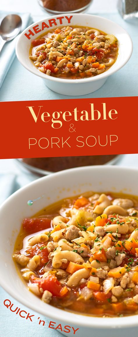 A delicious and filling vegetable and ground pork soup with pasta for two that's ready in under 30 minutes and packed with flavor.  It's easy to turn ground pork and pasta into a great tasting inexpensive soup. Ground Pork Soup, Pork And Pasta, Pasta For Two, Soup With Pasta, Pork Soup Recipes, Pork Stew Recipes, Ground Pork Recipes, Pork Soup, Corned Beef Recipes