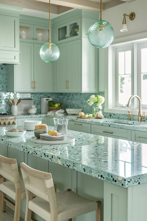 29 Coastal Kitchen Decor Ideas to Bring the Beach to Your Home Sea Glass Green Color Palette, Seaglass Countertops, Sea Green Kitchen, Light Blue Kitchen Walls, Light And Airy Kitchen, Beach Cottage Kitchen, Trendy Kitchen Design, Awesome Kitchens, Coastal Kitchens