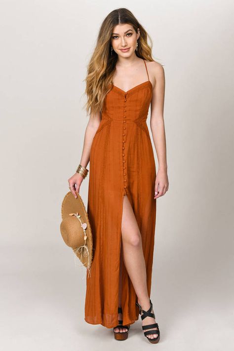 Rust Summer Dress, Maxi Dress Button Down, Bohemian Wedding Guest Dress Boho Chic, Dresses Trendy Casual, Lose Dress, Rust Maxi Dress, Long Casual Dress, Casual Dress Long, Grad Dresses Long