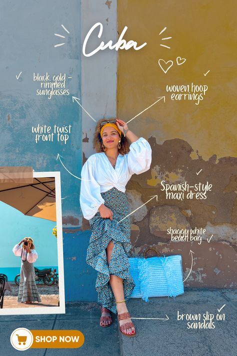 Looking for some outfit inspiration for Cuba? Want to know what colors, styles, fabrics to wear to fit into the gorgeous 1950's Spanish style scenery, and get the PERFECT picture? Click through to shop my style! #cuba #caribbean #caribbeanvacation #cubatraveltips #cubanstyle #curlyhair #curlyhairinspo Cuba Outfit Ideas, Cuba Outfits, Cuban Outfit, Cuba Outfit, Havana Style, Cuban Women, Havana Nights Party, Cuban Style, Havana Nights