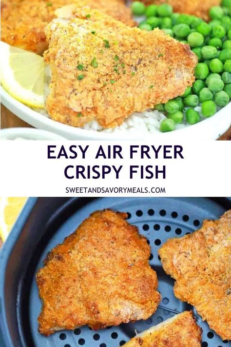 a plate with rice and peas topped with easy air fryer crispy fish and an air fryer crispy fish Air Fryer Crispy Fish, Air Fry Fish Recipe, Emeril Air Fryer, Frozen Fish Fillets, Air Fried Fish, Air Fryer Fish Recipes, Fish Fillet Recipe, White Fish Recipes, Seafood Dish Recipes