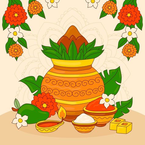 Ugadi Festival Drawing, Ugadi Illustration, Ugadi Festival, Festival Drawing, Tamil New Year, Diya Diwali, Diwali Drawing, Diwali Card, Diwali Diya