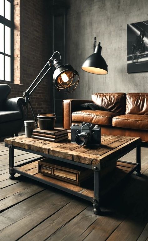 Leather Sofa Industrial Living Room, Wood And Metal Furniture Design Ideas, Industrial Room Decor, Industrial Moodboard, Retro Industrial Decor, Mens Living Room, Loft Style Living Room, Industrial Vintage Decor, Industrial Apartment Decor