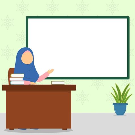 School Book Design, Animated Teacher, Muslim Teacher, Teacher Illustration, Illustration School, Muslim Parenting, Blackboard Background, Islamic School, Animation Schools