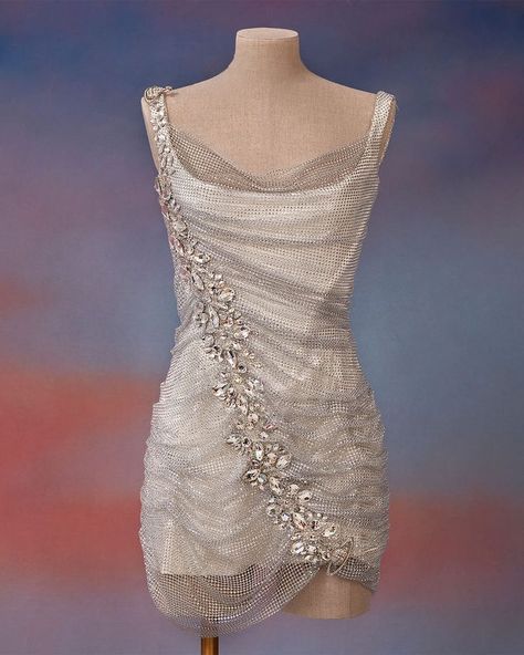 Silver Disco Evening Dress, Silver Performance Outfit, Babymonster Outfit, Silver Futuristic Dress, Silver Versace Dress, Silver Bollywood Fitted Dress, Westwood Corset, Clothing Cabinet, Award Event