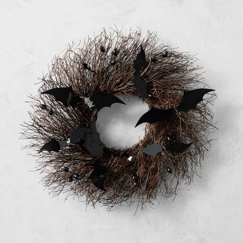 Spooky Halloween Bat Wreath | Williams Sonoma Ravens Wreath, Bat Wreath, Wine And Beer Fridge, Living Wreath, Classic Wreath, Kids Pottery, Halloween Bat, Hair Raising, Black Bat