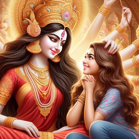 Durga Maa With Girl, Durga Goddess Beautiful, Cute Maa Durga Images, Lord Durga, God And Goddess, Maa Durga Photo, Mother Kali, Aadi Shakti, God Artwork