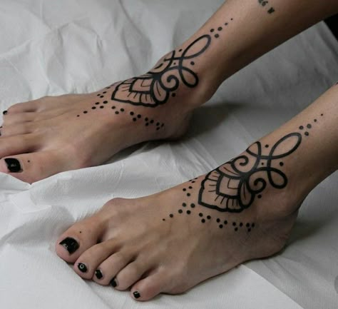 Celtic Tribe Tattoo, Upper Ankle Tattoo, Ankle Ornamental Tattoo, Feet Ornamental Tattoo, Symmetrical Leg Tattoos, Elbow Ditch Tattoos For Women, Ornamental Feet Tattoo, Ornamental Ankle Tattoo, Ornamental Foot Tattoo