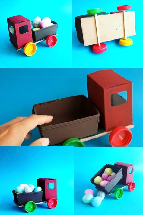 Diy Toy Car, Recycled Crafts Kids Projects, Train Crafts, Hearts Paper Crafts, Truck Crafts, Truck Diy, Transportation Crafts, Recycled Crafts Kids, Kindergarten Art Projects