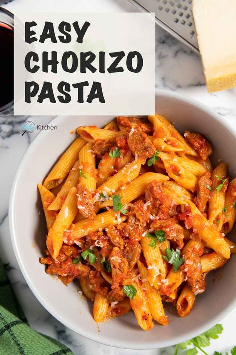 Pasta Recipes Chorizo, Pasta And Chorizo Recipes, Chourico Recipes Dinners, Recipes With Soyrizo, Chorizo Recipes Dinner Pasta, Chorizo Recipes Pasta, Chorizo Spinach Pasta, Chorizo Rigatoni Pasta, Chorizo Alfredo Pasta