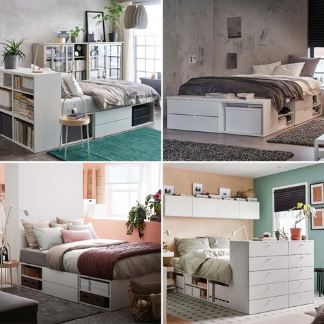 Ikea Bed With Shelves, Ikea Plasta Bed, Platsa Bed Ikea, Ikea Platsa Bed, Unique Bed Ideas, Platsa Bed, Gray Upholstered Headboard, Nerd Cave, Teenage Boy Room