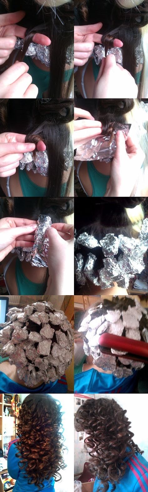 Take sections of hair and coil them around your finger. Then carefully wrap tinfoil around the coil, removing your finger from the hair as you do so. Do this all over your hair. Then take a straightner and heat up each tinfoiled section of hair. Wait until hair is cooled and take out tinfoil for beautiful curls How To Wave Your Hair, Tin Foil Curls, Wavy Hairstyle, Peinados Faciles, Great Hair, Hair Waves, Hair Dos, Hair Skin, About Hair