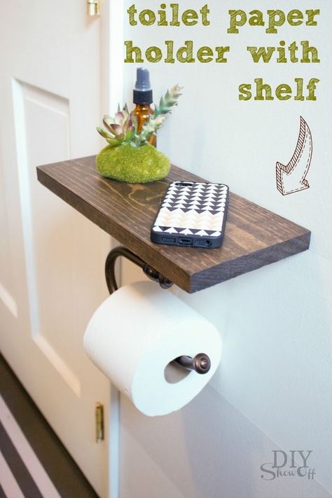 Toilet Paper Holder Shelf and Bathroom Accessories #DIYspotlight Toilet Paper Holder Shelf, Diy Toilet Paper Holder, Diy Bathroom Storage Ideas, Diy Bathroom Storage, Diy Toilet, Diy Bathroom Remodel, Diy Bathroom Decor, Cool Ideas, Diy Shelves