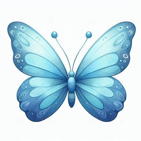 Create an image of a butterfly, with wings with rounded tips, in a light blue color like watercolor, the body and edges in a darker shade of blue, cartoon-like, in high quality - Criador de Imagens no Bing Beautiful Butterfly Images, Cartoon Wings, Light Blue Butterfly, Emojis Iphone, Blue Cartoon, Cartoon Butterfly, Butterfly Printable, Butterfly Images, 3d Tattoos