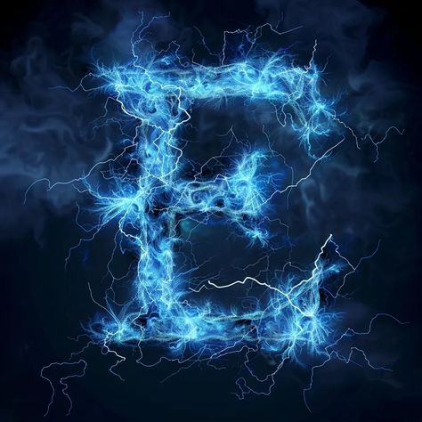 The image is a letter "E" made of blue lightning. The background is black with a stormy sky ->> more details in ai-img-gen.com Lightning Letters, Stormy Sky, Blue Lightning, Logo Art, Letter E, Letter S, A Letter, Art Logo, Art Inspo