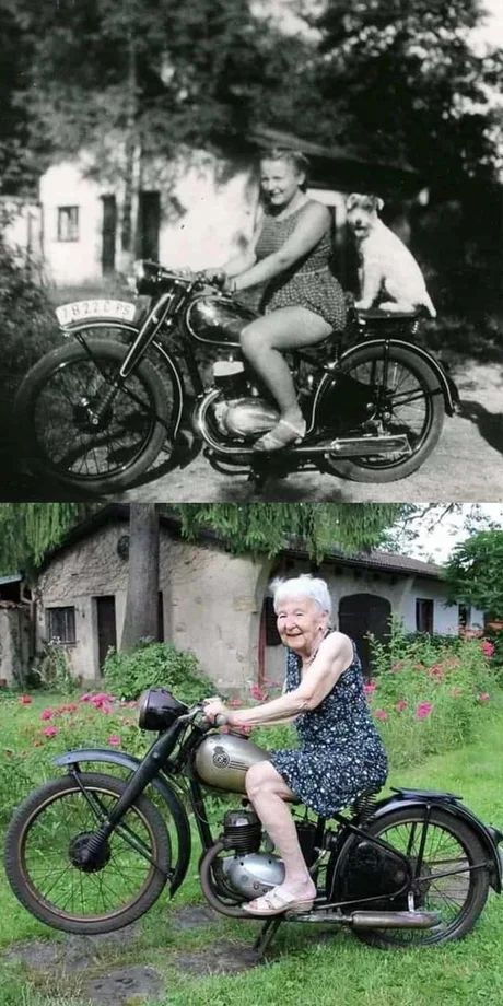 Same place, same girl, same bike, 71 years apart - 9GAG People Sitting, Before And After Pictures, People People, 2 People, New Perspective, Bored Panda, Meme Pictures, Chopper, Cafe Racer