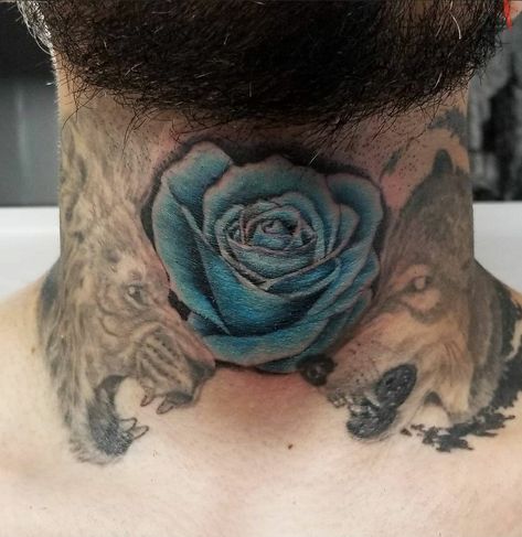 Blue rose tattoo neck Rose Tattoo Neck, Tattoo Neck, Blue Rose Tattoos, Rose Tattoo, Neck Tattoo, Blue Rose, Flower Tattoo, Tattoos, Blue