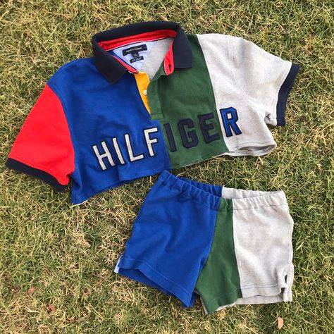 Reworked Tommy Hilfiger spell out colorblock patchwork polo shirt into a two piece croptop and shorts Reworked Polo Shirt, Clothing Rework, Reworked Tshirt, Reworked Clothing, 90s Fashion Men, Next Fashion, Crop Top Outfits, Fabulous Fashion, Patterned Shorts