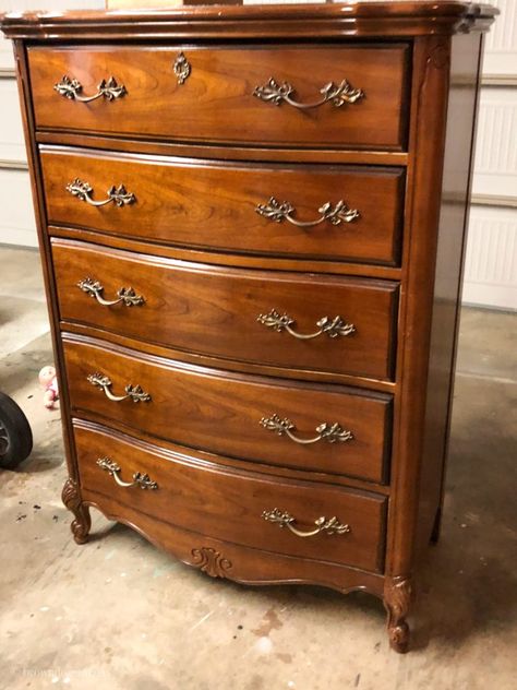 Black Dresser Makeover, Dresser Makeover Black, Dark Cherry Furniture, Wood Dressers Makeover, Cherry Wood Dresser, Dark Wood Dresser, Vintage Dresser Makeover, Stained Dresser, Cherry Bedroom Furniture