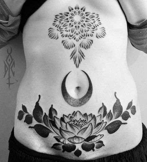 Lotus Stomach Tattoos Women, Moon Belly Tattoo, Moon Stomach Tattoo, Lower Abdomen Tattoo, Lower Tummy Tattoo, Lower Belly Tattoos For Women, Lower Belly Tattoos, Lace Sleeve Tattoos, Abdomen Tattoo