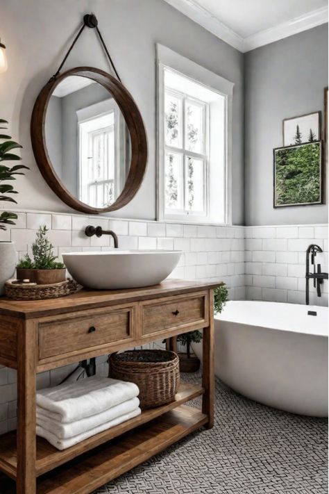 Farmhouse bathroom with a clawfoot tub, shiplap walls, and farmhouse-inspired decor Rustic Bathrooms Ideas Farmhouse Country, Bathroom Country House, Country Farmhouse Bathroom Ideas Rustic, Farmstyle Bathroom Modern, Scandinavian Farmhouse Bathroom, Dark Farmhouse Bathroom, Small Bathroom Farmhouse Style, Rustic Bathroom Mirror Ideas, Rustic Bathrooms Ideas Farmhouse