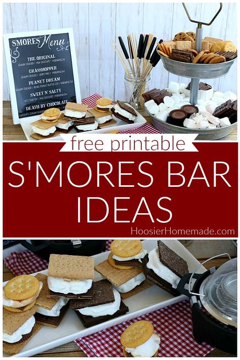 S'mores Bar with FREE Printable S’mores Bar For Party, Smore Love Engagement Party, Marshmallow Roasting Station, S’mores Bar Signs, Build Your Own Smores Bar, S’more Buffet, S’mores Dessert Bar, S’mores Menu Sign, Smores Party Bar