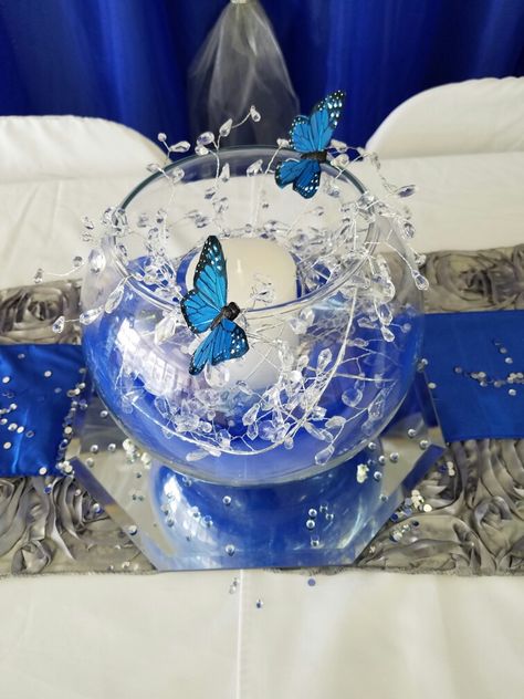 Blue Butterfly Centerpieces Quinceanera, Blue Butterfly Party Decorations, Blue Butterfly Decorations For Party, Blue Butterfly Centerpieces, Blue Butterfly Sweet 16, Butterfly Decorations For Quinceanera, Diy Butterfly Centerpieces, Blue Butterfly Quinceanera Theme, Butterfly Quinceanera Theme