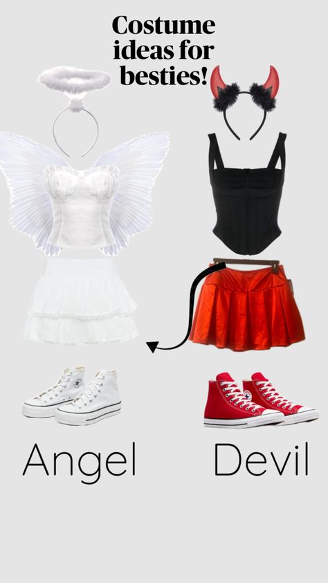 Devil Costume Teen Girl, Angel Devil Costume Friends, Angle And Devil Halloween Costumes Teen, Duo Halloween Costumes Angel And Devil, Devil Costume Ideas For Women, Duo Halloween Makeup, Cutesy Halloween Costumes, Halloween Costumes For A Duo, Devil And Angel Costumes Best Friends