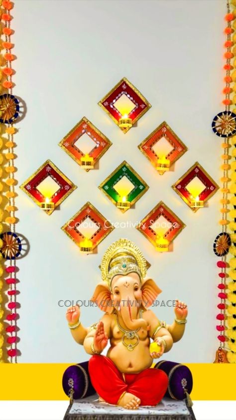 Instagram Ganesha Background, Ganpati Decoration Theme, Ganesh Chaturthi Decoration, Ganpati Decoration At Home, School Kids Crafts, Diy Classroom Decorations, Janmashtami Decoration, Ganapati Decoration, Diwali Decoration Items