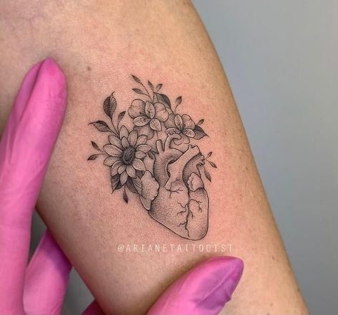 Wear Your Heart On Your Sleeve Tattoo, Marching Tatoos, Top Tattoo For Women, Anatomical Heart With Flowers Tattoo, Anatomically Correct Heart Tattoo, Head And Heart Tattoo, The One Tattoo, Healthcare Tattoos For Women, Anatomical Heart Tattoo With Flowers