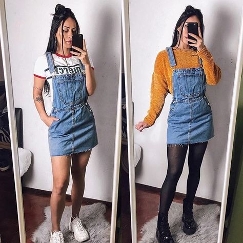 Come see more poppins pins💕 Overall Dress Outfit Winter, Jean Overall Dress Outfit, Denim Overall Dress Outfit, Overall Skirt Outfit, Jean Dress Outfits, Jean Overall Dress, Everyday Casual Outfits, Winter Dress Outfits, Denim Overall Dress