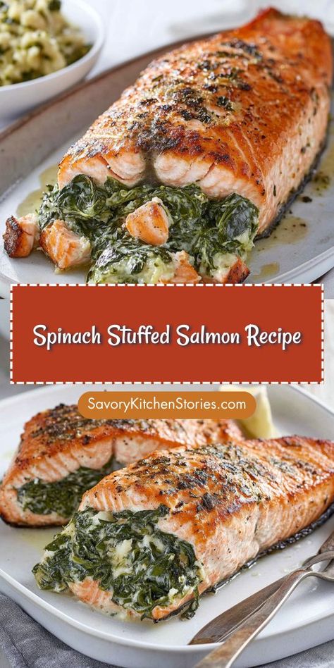 Looking for a delicious way to elevate your Mediterranean dinner? This Spinach Stuffed Salmon Recipe combines rich flavors and healthy ingredients for a satisfying meal. Save this recipe for a delightful dinner option that will impress your family and friends with its vibrant and wholesome taste! Spinach Cream Cheese Salmon, Mediterranean Diet Seafood Recipes, Seafood Dinner Menu Ideas, Stuffed Salmon Recipes Spinach, Healthy Seafood Meals, Good Salmon Recipes, Fancy Fish Dinner, Stuffed Fish Recipes, Salmon Stuffed With Spinach