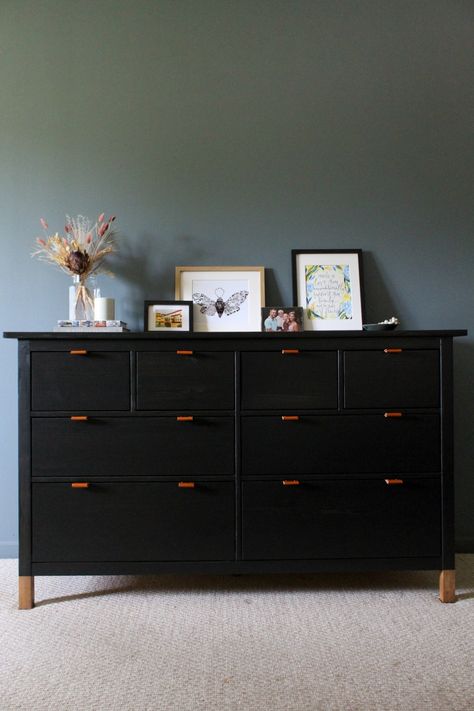 Hemnes Dresser Hack Black, Ikea Dresser Painting Ideas, Update Ikea Hemnes Dresser, Black Ikea Dresser Makeover, Diy Ikea Hemnes Dresser Makeover, Black Hemnes Dresser, Ikea Hemnes Diy, Ikea Hemnes Dresser Makeover, Dresser Makeover Black