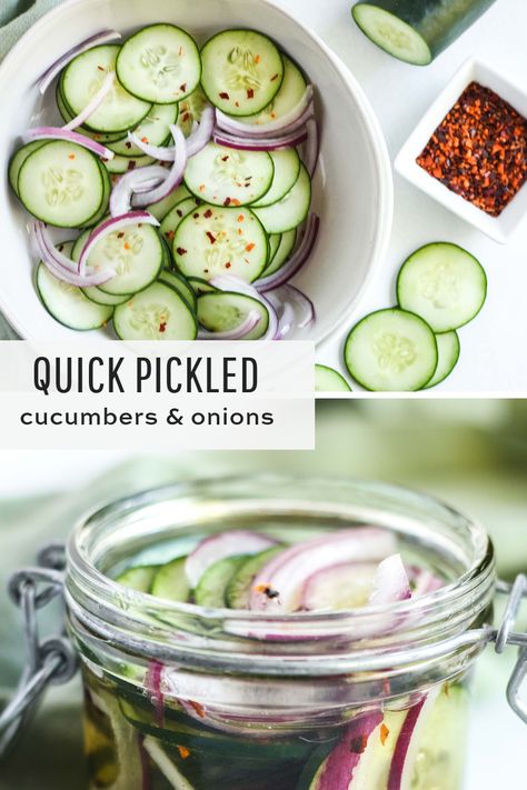 Seriously so simple to make and perfect to pair with all kinds of recipes this summer! #quickpickles #pickledcucumbersandonions #refrigeratorpickles Pickled Onion And Cucumber, Quick Pickling Cucumbers, Pickle Cucumbers Recipe, Quick Pickle Cucumber And Onion, Simple Pickled Cucumbers, Pickles Cucumbers And Onions, Quick Refrigerator Pickles And Onions, Quick Pickle Recipes Simple, Refrigerator Cucumbers And Onions