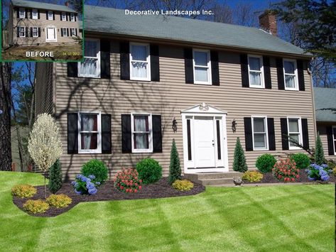 Colonial House Landscaping, Colonial Home Landscaping, Colonial Landscaping, Front Of Home, Colonial House Exteriors, Front Garden Design, House Landscaping, Front Landscaping, Landscape Design Plans