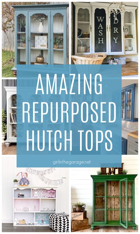 Amazing ideas to repurpose a hutch top from an old china cabinet! via Girl in the Garage Hoosier Cabinet Top Repurposed, Repurposed Furniture For Kitchen Cabinet, Using China Cabinet As Kitchen Cabinets, Old China Cabinet Repurposed, Using Hutch For Kitchen Cabinets, China Cabinet Repurposed Ideas, Built In Cabinet Makeover, China Cabinet Redo Coffee Stations, Repurposed China Cabinet Top