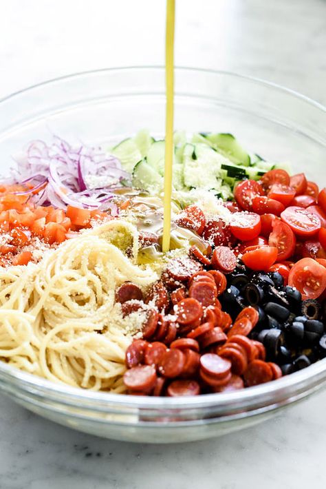 Pasta Salad Using Spaghetti Noodles, Pasta Salad Spaghetti Noodles, Red Wine Vinegar Pasta Salad, Pasta Salad Recipes Spaghetti Noodles, Greek Spaghetti Salad, Pasta Salad With Mini Pepperoni, Spaghetti Noodle Pasta Salad, Mini Salads In A Cup, Pasta Salad With Spaghetti Noodles