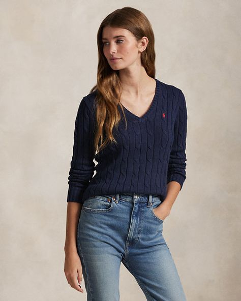 Cable-Knit Cotton V-Neck Sweater Ralph Lauren V Neck Sweater Outfit, Blue V Neck Sweater Outfit, V Neck Sweater Outfit Aesthetic, V Neck Sweater Outfit, Neck Sweater Outfit, Jumper For Women, College Sweater, Women Ralph Lauren, Sweater Outfit