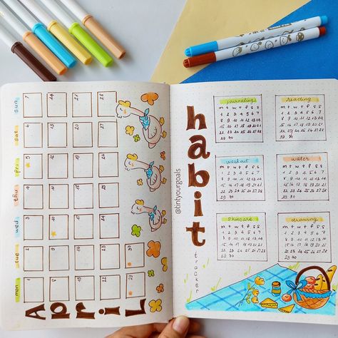 April calendar and habit tracker. Here is the full page spread.💛🦢🌼 . . 🌼Hope you have a happy day !!! 💙 Share the joy, leave your thoughts in comments. . 👉 Follow @tintyourgoals to stay tuned for more delightful content and the newest about my shop 💙 . . . Tag🏷💛⁣ #tintyourgoals #aprilcoverpage #aprilbulletjournal #bulletjournalsetup #aprilbujo #bujocoverpage #bulletjournal #bujo #bulletjournaling #habittracker #monthlyplanner #bulletjournaltheme #bujoforbeginners #doodling #bulletjournallo... April Calendar Doodles, Calendar Doodles, 2024 Bujo, April Calendar, April Bullet Journal, Bullet Journal Set Up, Have A Happy Day, Bullet Journal Themes, Habit Tracker