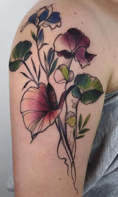 Partially Colored Tattoo, Earth Tone Flower Tattoo, Partial Color Flower Tattoo, Color Wash Tattoo, Partial Color Tattoo, Colourful Flower Tattoo, Colour Flower Tattoo, Nature Tattoo Sleeve Women, Color Flower Tattoo